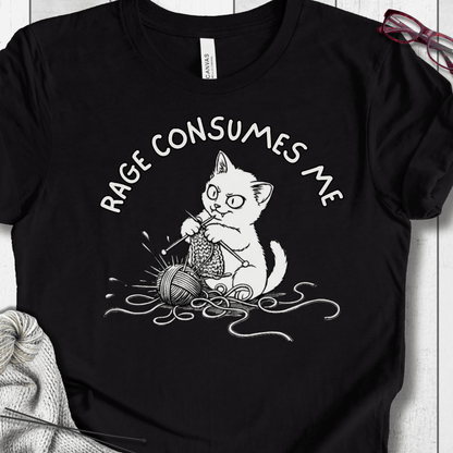 Black t-shirt with funny cat graphic saying 'RAGE CONSUMES ME', perfect for cat lovers and humor enthusiasts.