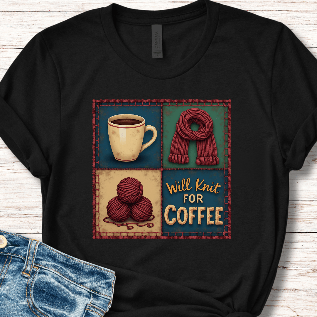 Will Knit for Coffee T-Shirt (square) Black / XS