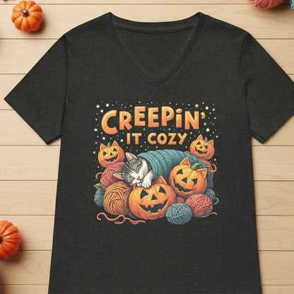 Creepin' It Cozy V Neck T-Shirt Dark Grey Heather / S