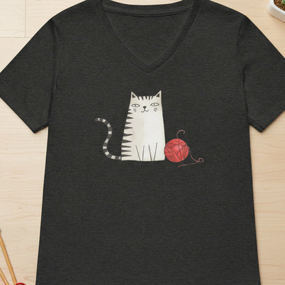 Drawn Cat V Neck T-Shirt Dark Grey Heather / S