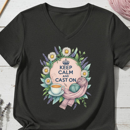Keep Calm and Cast On V Neck T-Shirt Dark Grey Heather / S