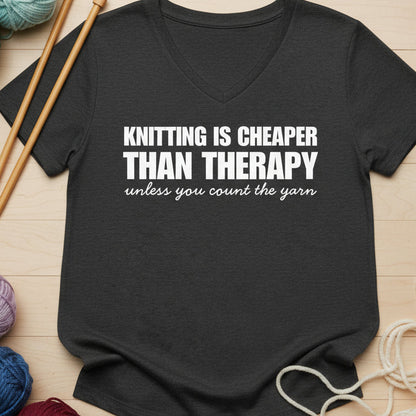 Knitting is Cheaper V Neck T-Shirt Dark Grey Heather / S
