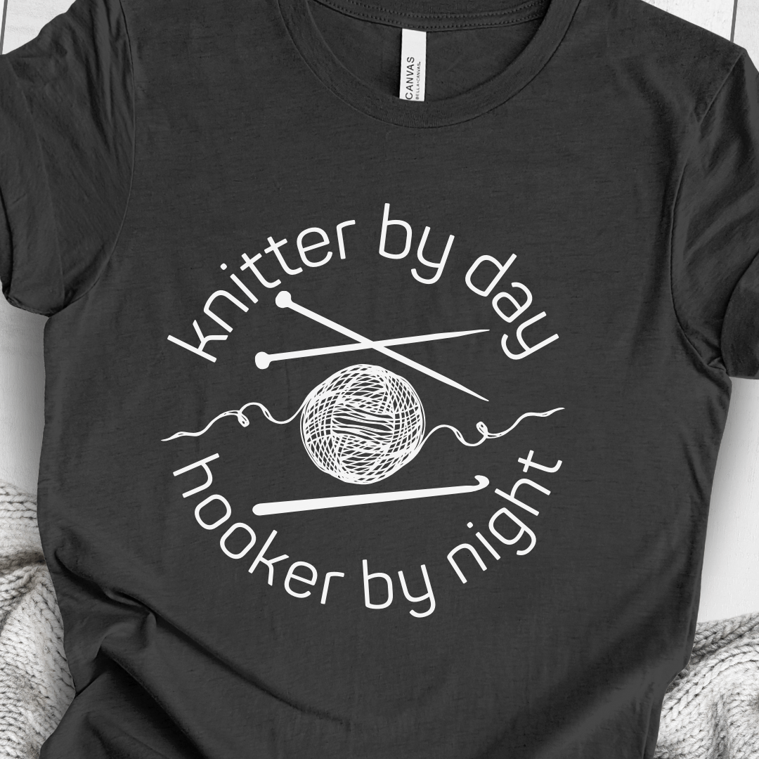 Knitter by Day, Hooker By Night T-Shirt (design 1) Dark Grey / S