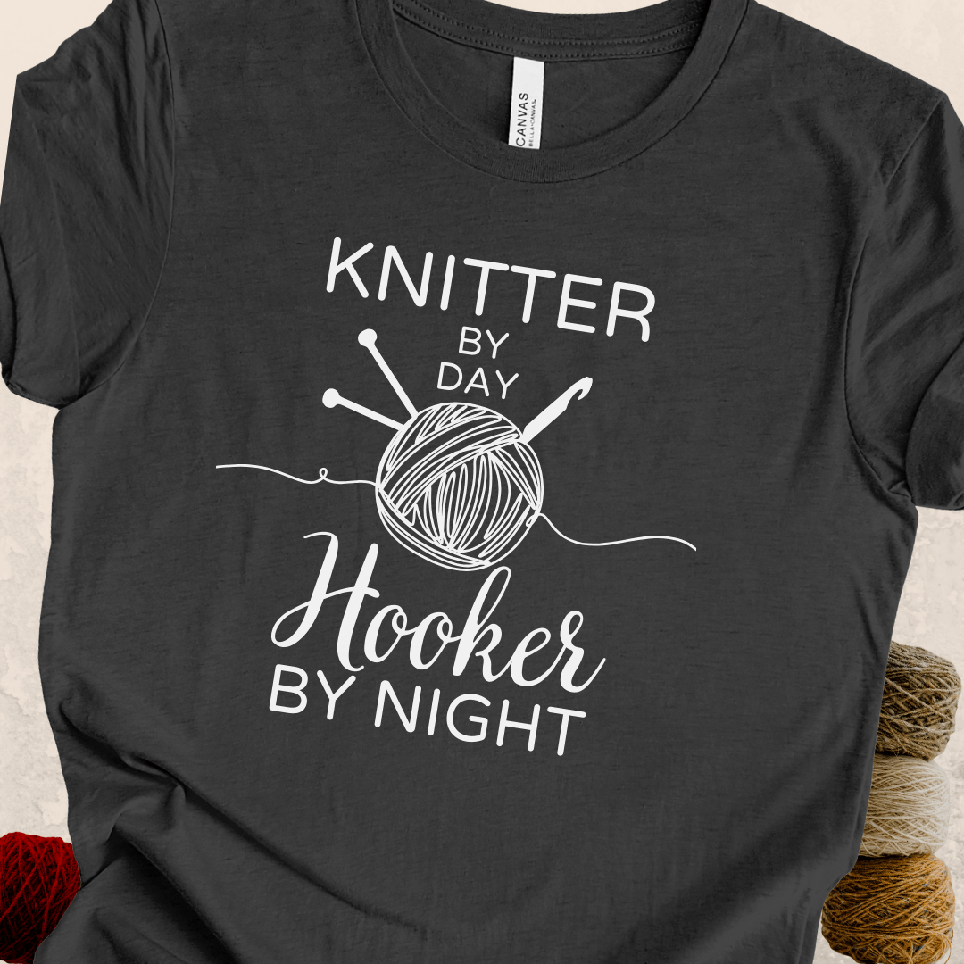 Knitter by Day, Hooker By Night T-Shirt (design 2) Dark Grey / S