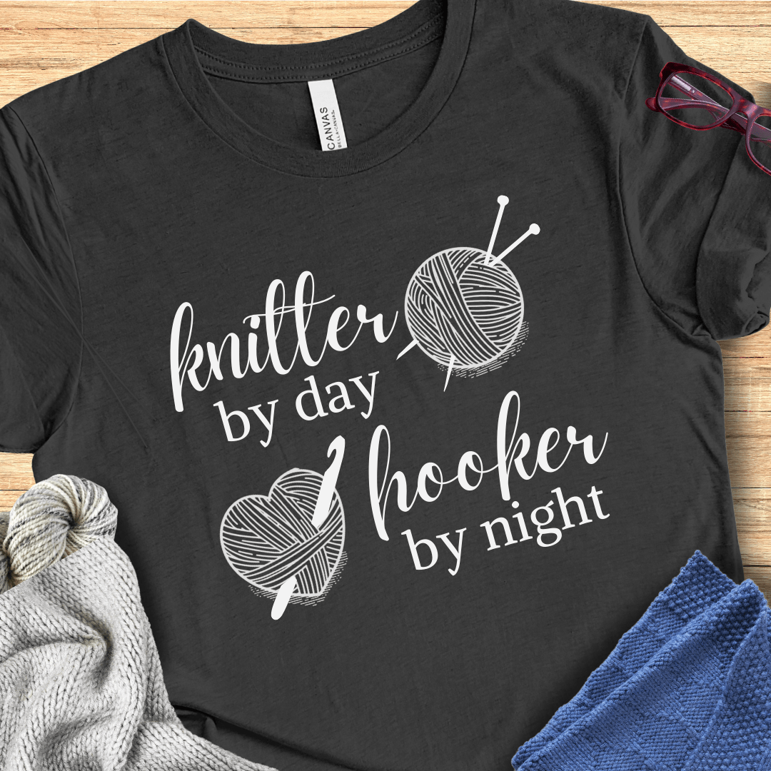 Knitter by Day, Hooker By Night T-Shirt (design 3) Dark Grey / S