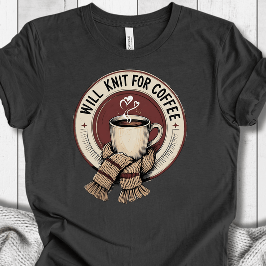 Will Knit for Coffee T-Shirt (circle) Dark Grey / XS