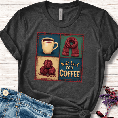 Will Knit for Coffee T-Shirt (square) Dark Grey / XS