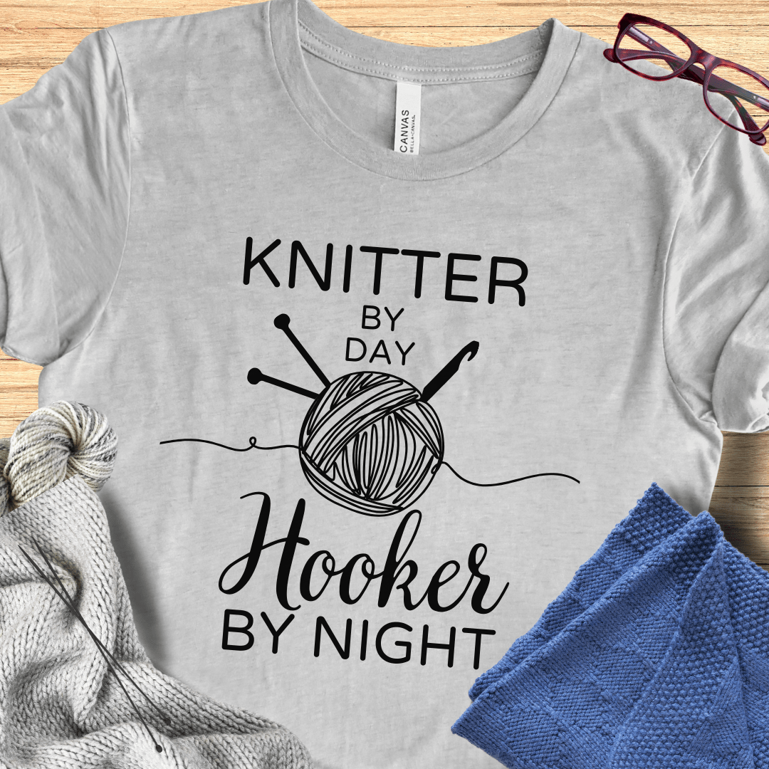 Knitter by Day, Hooker By Night T-Shirt (design 2) Grey / S