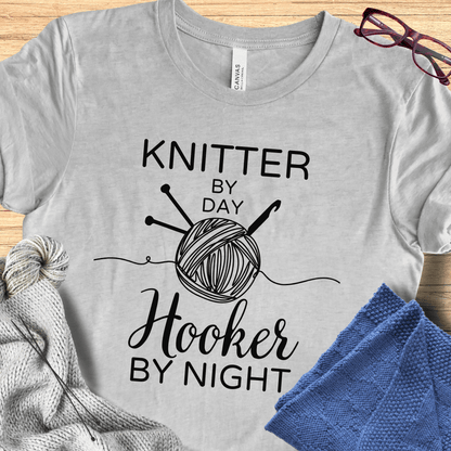 Knitter by Day, Hooker By Night T-Shirt (design 2) Grey / S