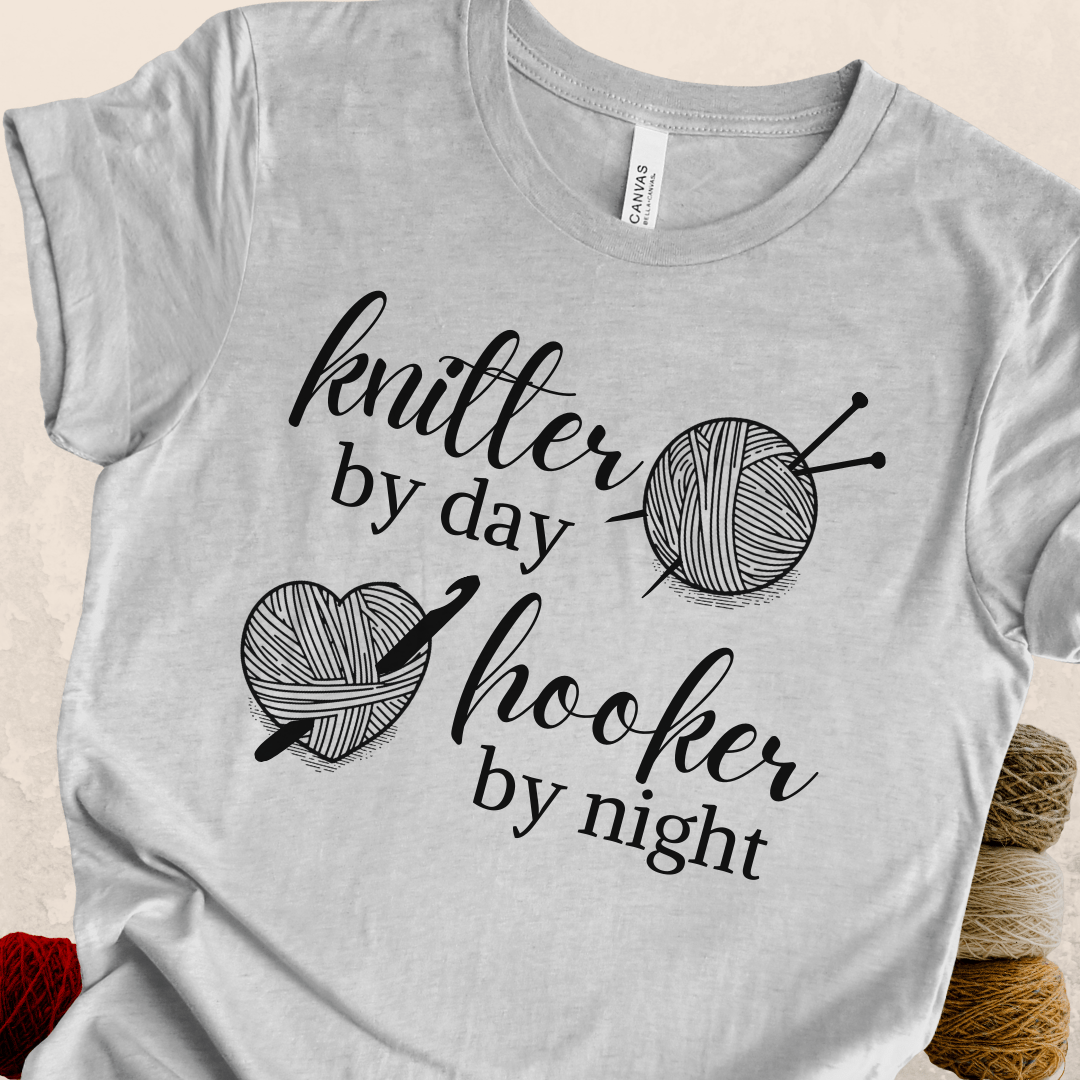 Knitter by Day, Hooker By Night T-Shirt (design 3) Grey / S