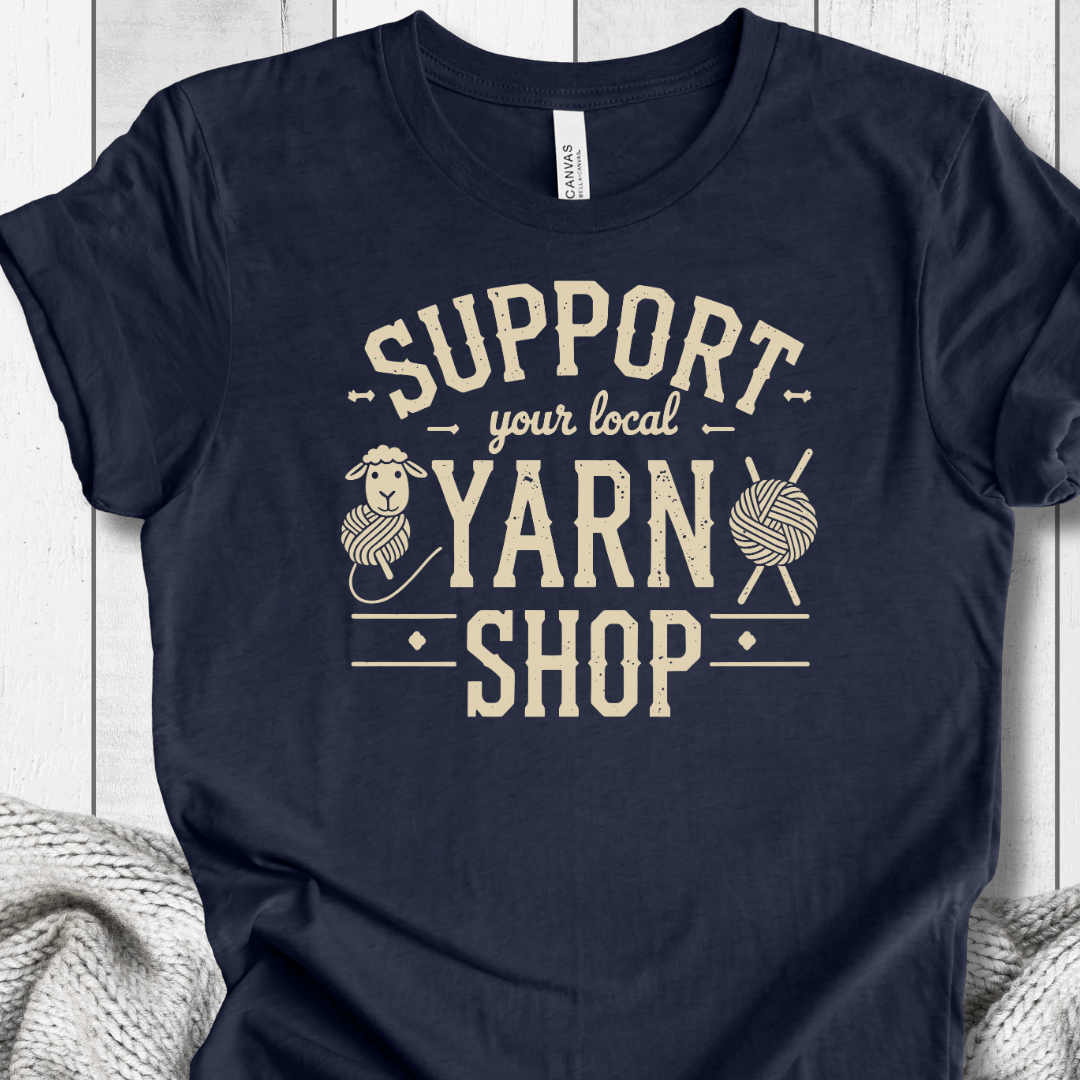 Support You Local Yarn Shop T-Shirt (Gold) Heather Midnight Navy / XS