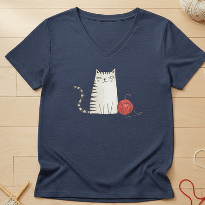 Drawn Cat V Neck T-Shirt Heather Navy / S