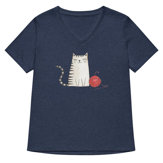 Drawn Cat V Neck T-Shirt Heather Navy / S
