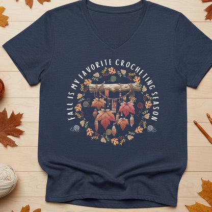 Fall is my Crocheting Season V Neck T-Shirt Heather Navy / S
