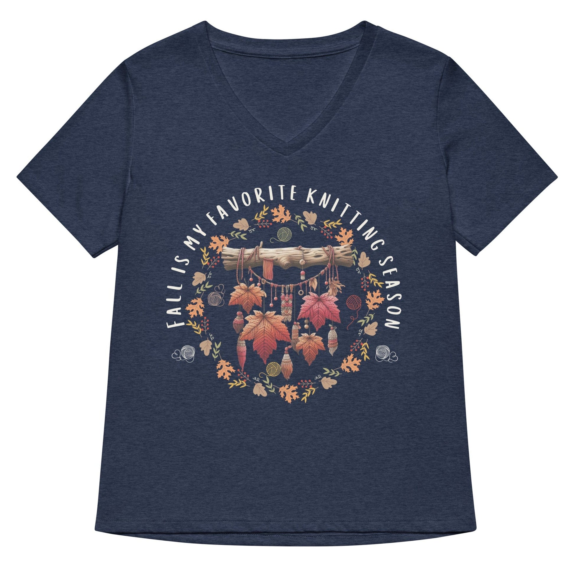 Fall is my Knitting Season V Neck T-Shirt Heather Navy / S