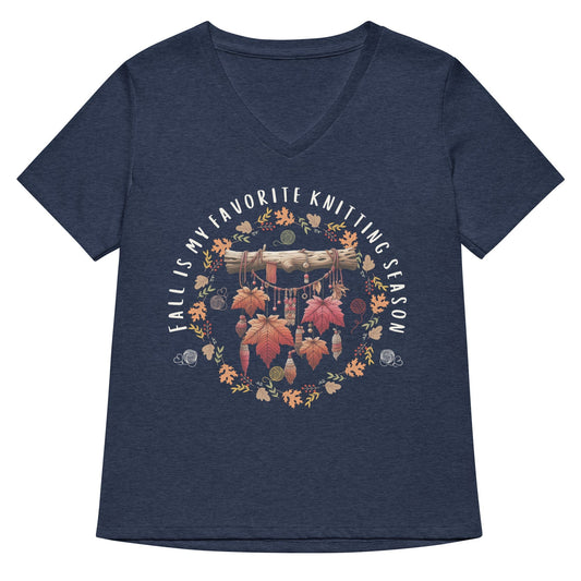 Fall is my Knitting Season V Neck T-Shirt Heather Navy / S