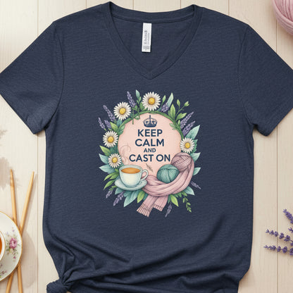 Keep Calm and Cast On V Neck T-Shirt Heather Navy / S