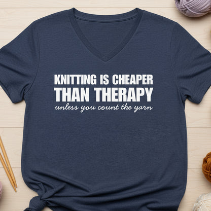 Knitting is Cheaper V Neck T-Shirt Heather Navy / S