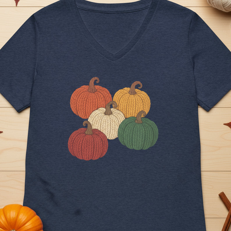 Pumpkins V Neck T-Shirt Heather Navy / S