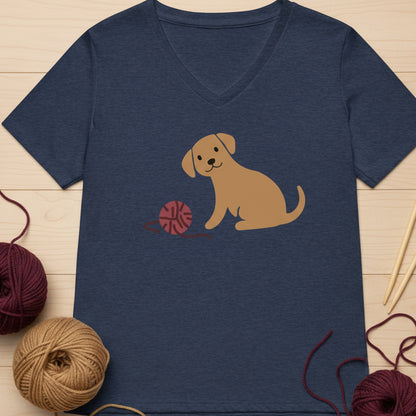 Puppy & Yarn V Neck T-Shirt Heather Navy / S