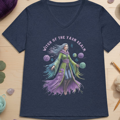 Witch of the Yarn Realm V Neck T-Shirt Heather Navy / S