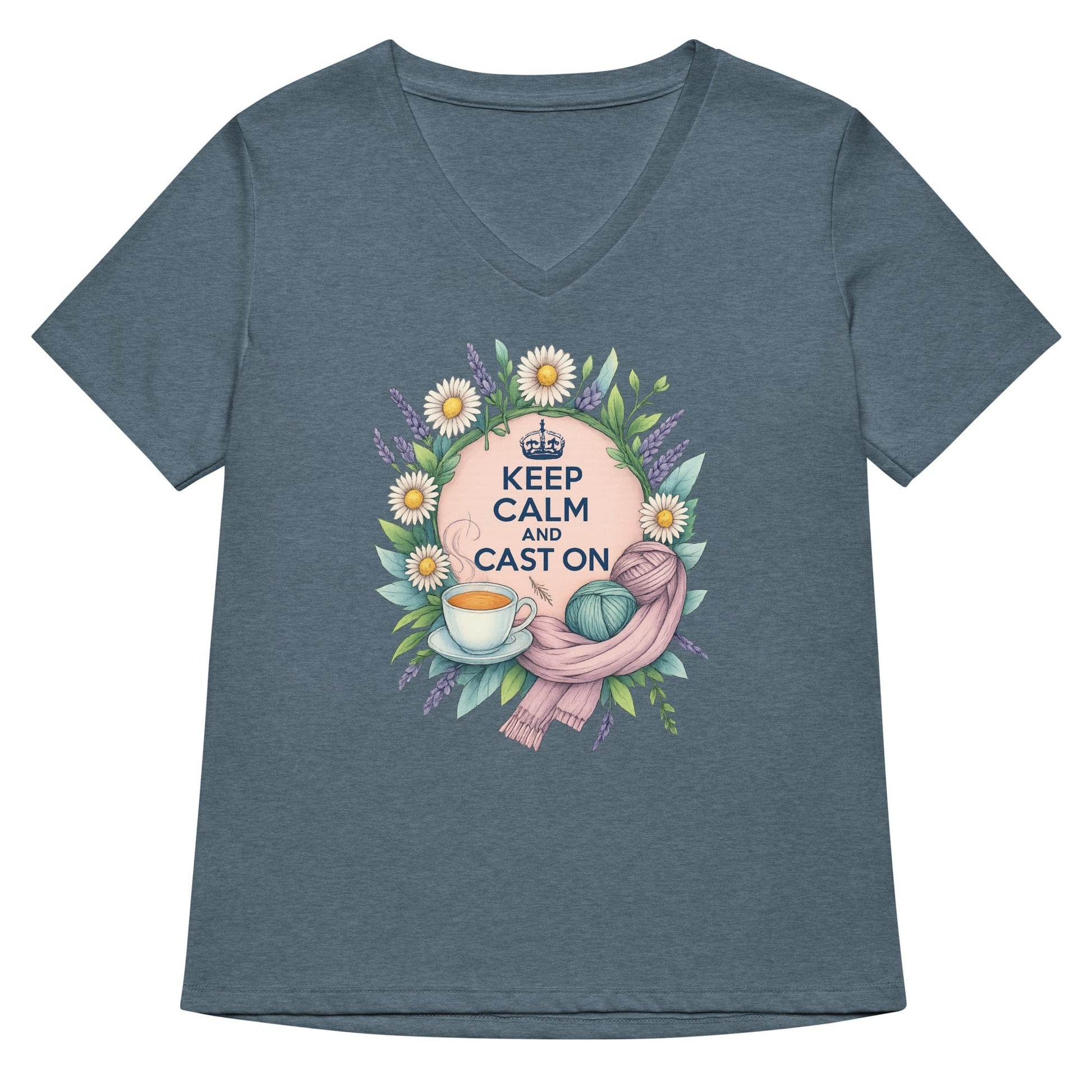Keep Calm and Cast On V Neck T-Shirt Heather Slate / S