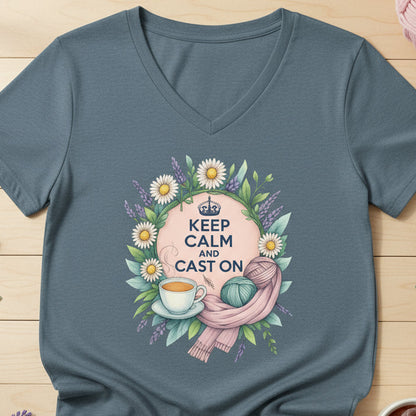 Keep Calm and Cast On V Neck T-Shirt Heather Slate / S