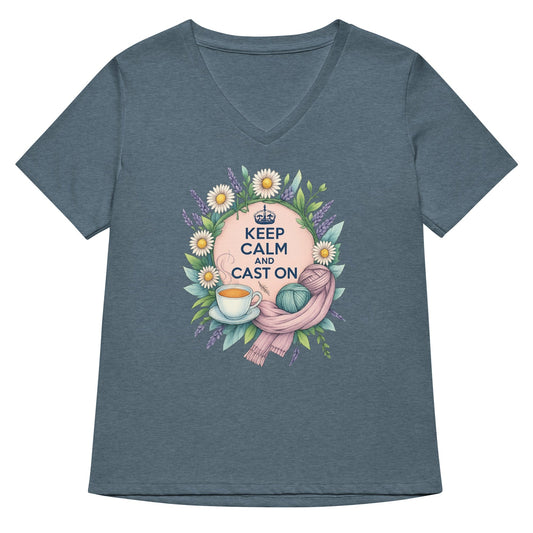 Keep Calm and Cast On V Neck T-Shirt Heather Slate / S