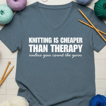 Knitting is Cheaper V Neck T-Shirt Heather Slate / S