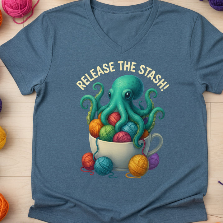Release the Stash Kraken v-neck t-shirt Heather Slate / S