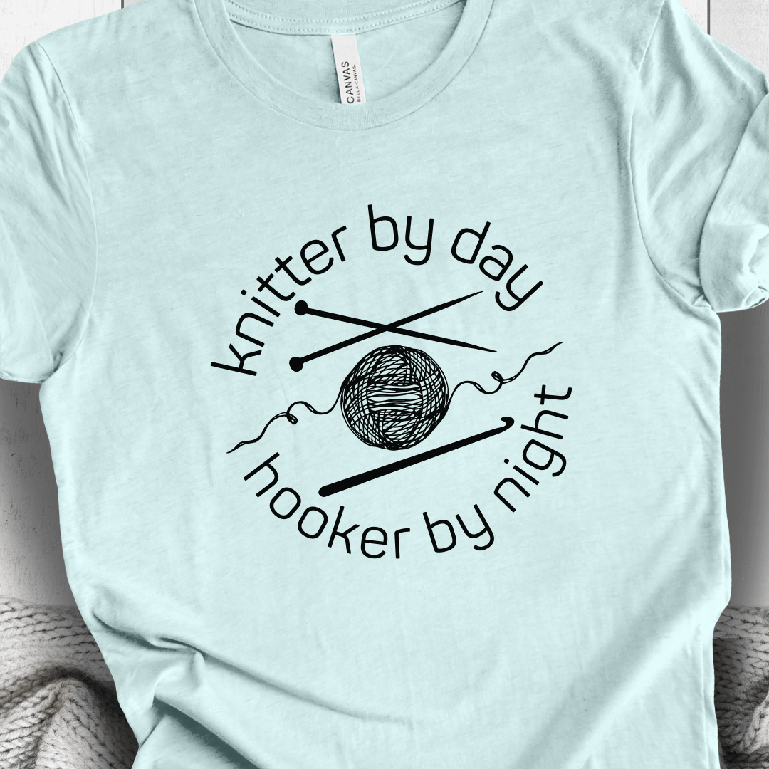 Knitter by Day, Hooker By Night T-Shirt (design 1) Ice Blue / S