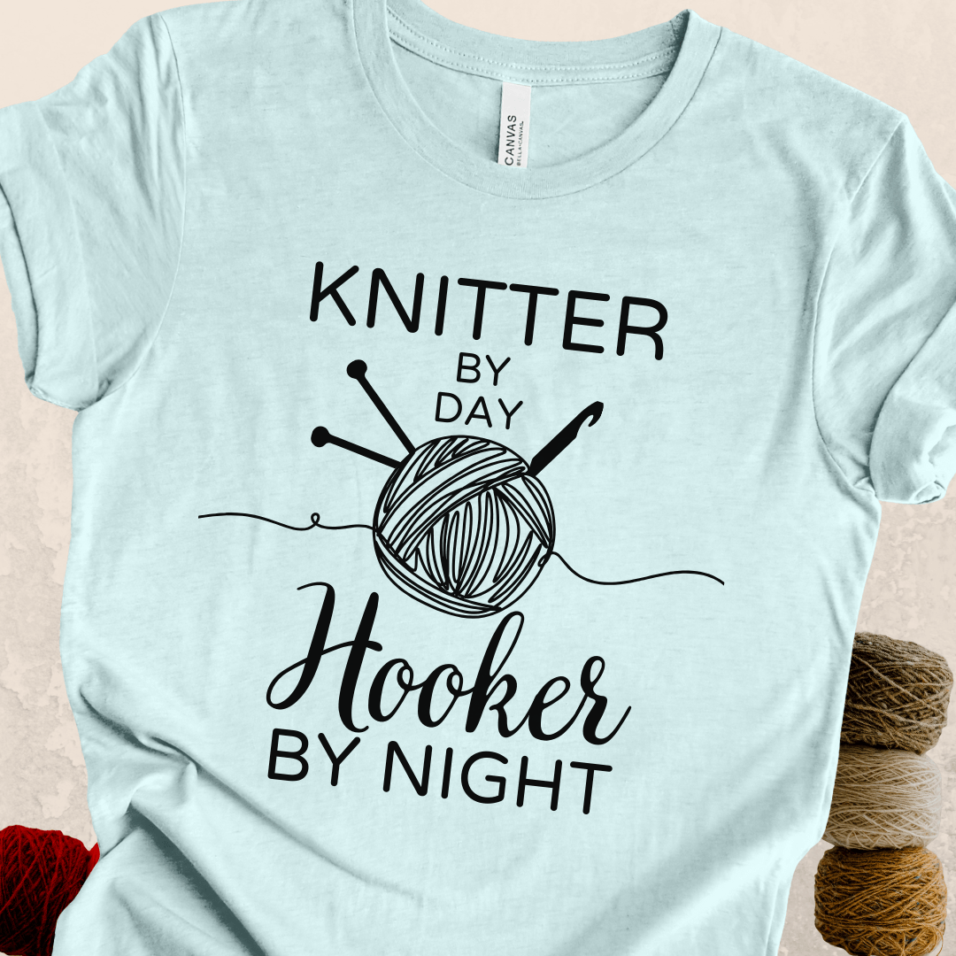 Knitter by Day, Hooker By Night T-Shirt (design 2) Ice Blue / S