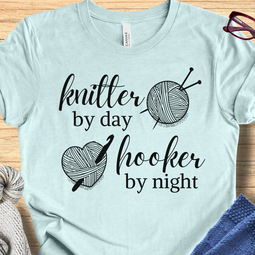 Knitter by Day, Hooker By Night T-Shirt (design 3) Ice Blue / S