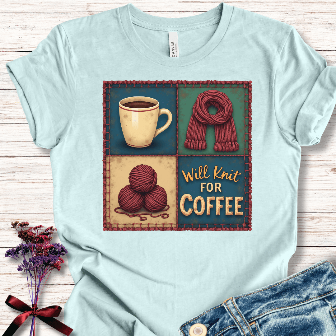 Will Knit for Coffee T-Shirt (square) Ice Blue / XS
