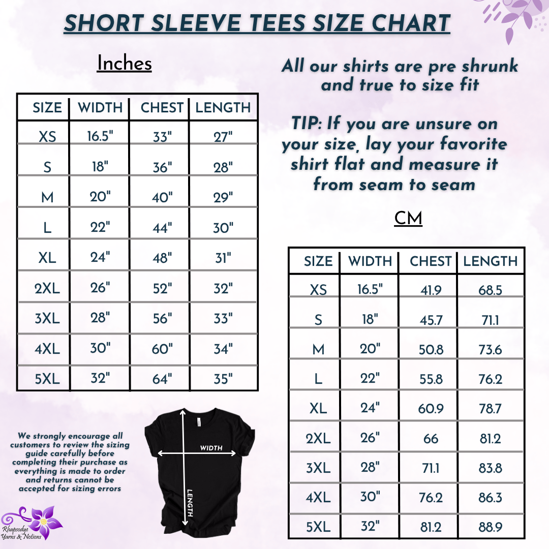 Size chart for short sleeve tees, showcasing measurements in inches and centimeters for accurate fitting.