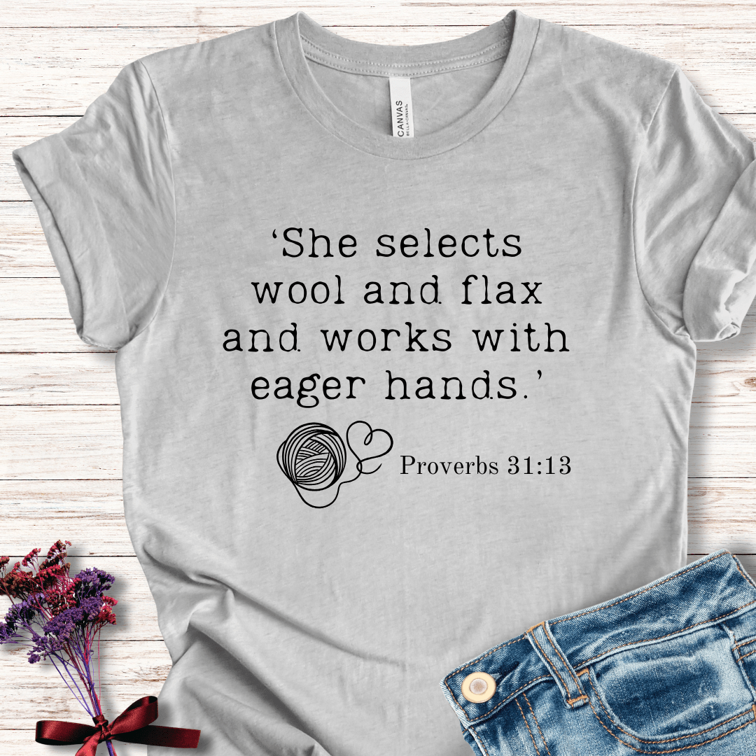 Gray t-shirt with Proverbs 31:13 text design, featuring a yarn graphic.