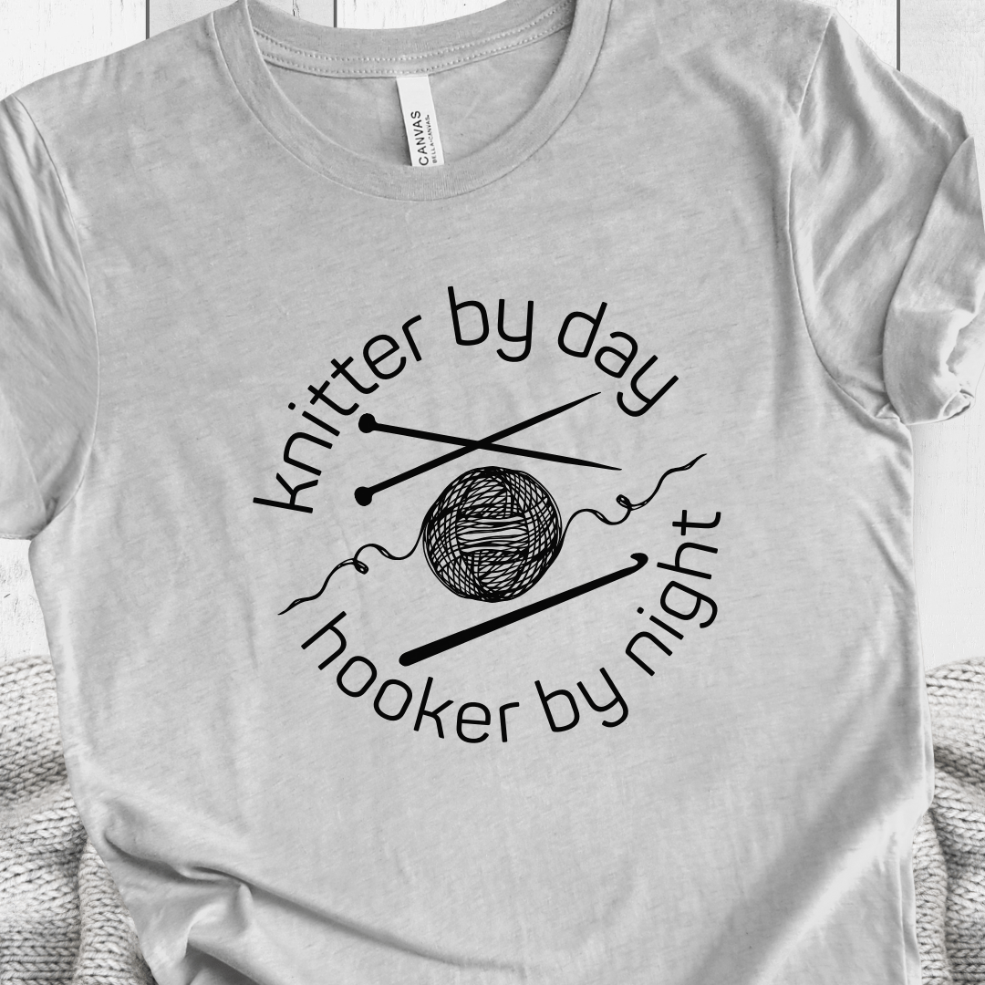 Knitter by Day, Hooker By Night T-Shirt (design 1) Light Grey / S