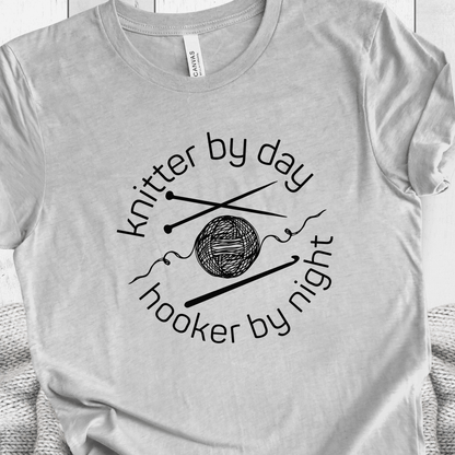 Knitter by Day, Hooker By Night T-Shirt (design 1) Light Grey / S