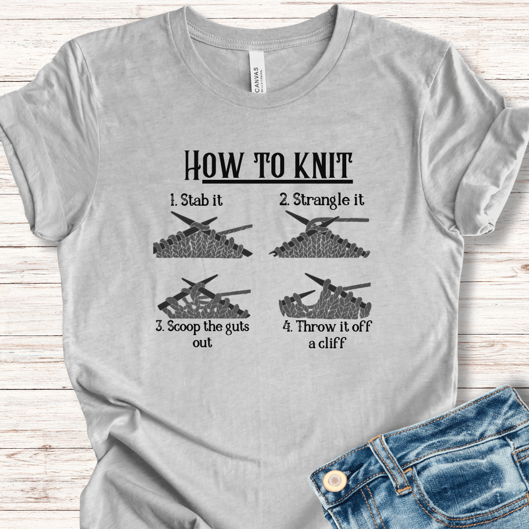 Funny gray t-shirt with humorous knitting instructions graphic design, made of soft cotton material.