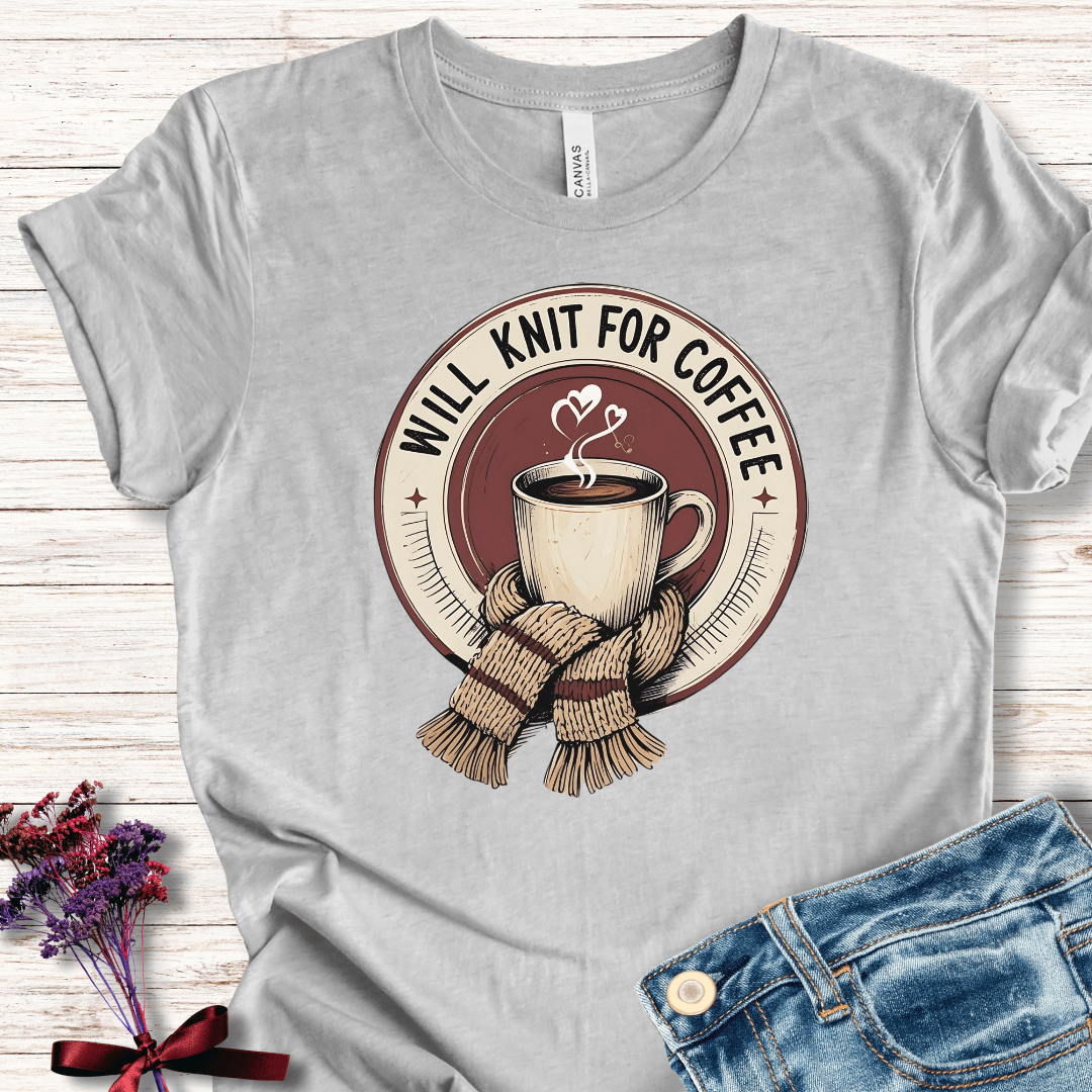 Will Knit for Coffee T-Shirt (circle) Light Grey / XS