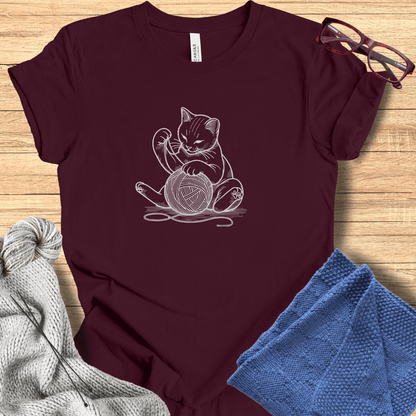 Cat Playing with Yarn T-Shirt Maroon / S