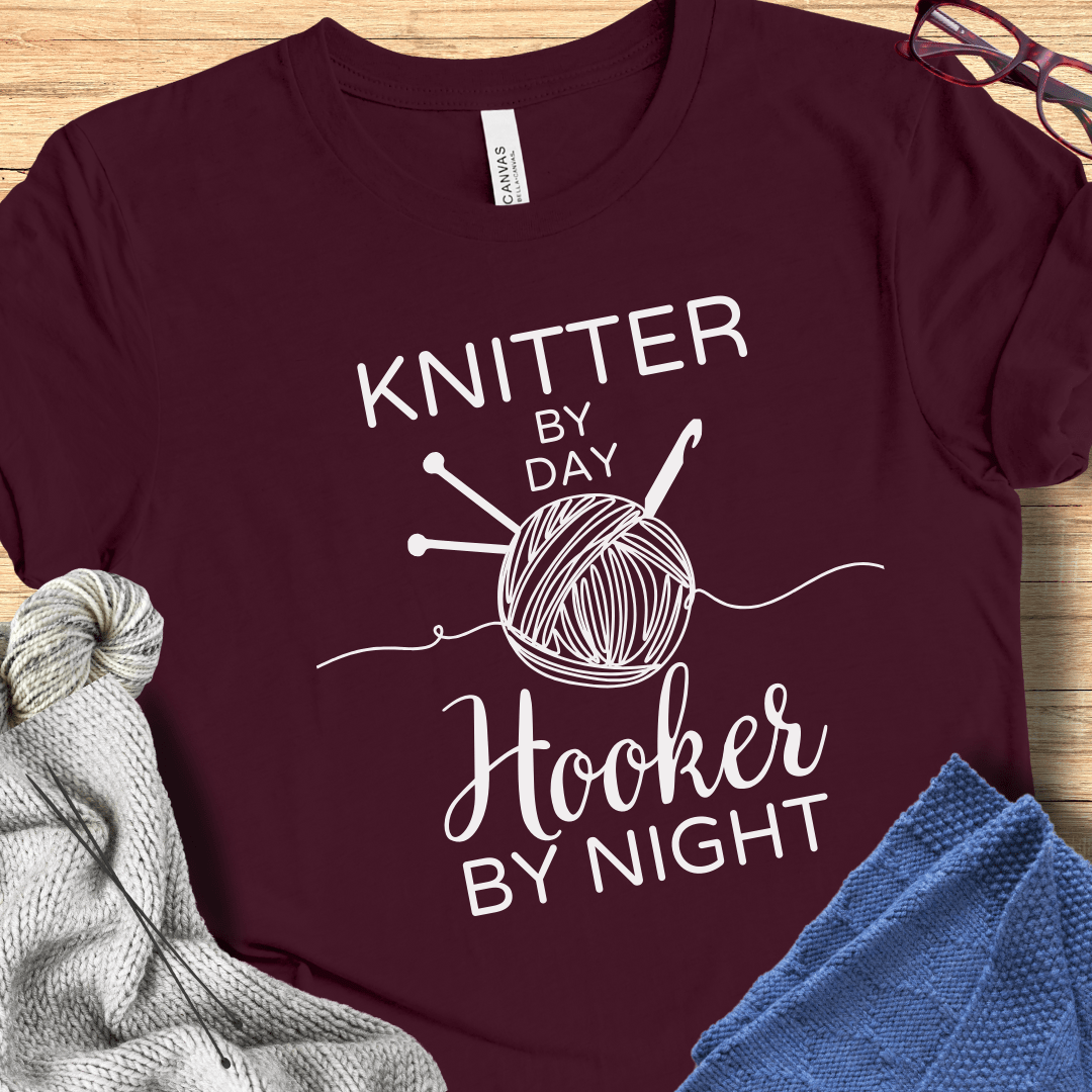 Knitter by Day, Hooker By Night T-Shirt (design 2) Maroon / S