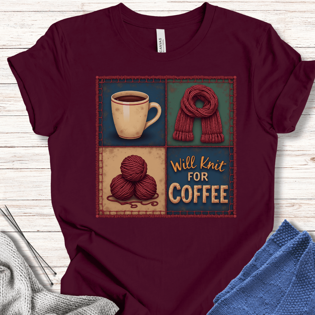 Will Knit for Coffee T-Shirt (square) Maroon / XS