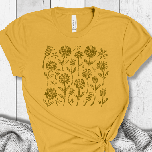 Boho Yarn Flowers T-Shirt Mustard / S