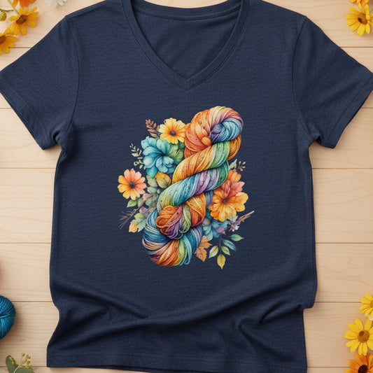 Floral Skein V Neck T-Shirt Navy Heather / S