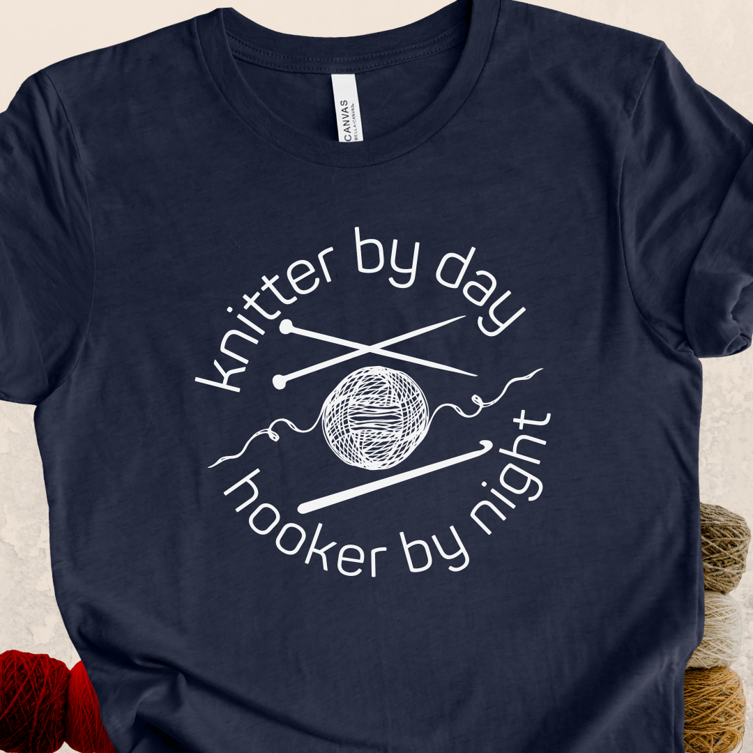 Knitter by Day, Hooker By Night T-Shirt (design 1) Navy / S