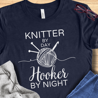 Knitter by Day, Hooker By Night T-Shirt (design 2) Navy / S