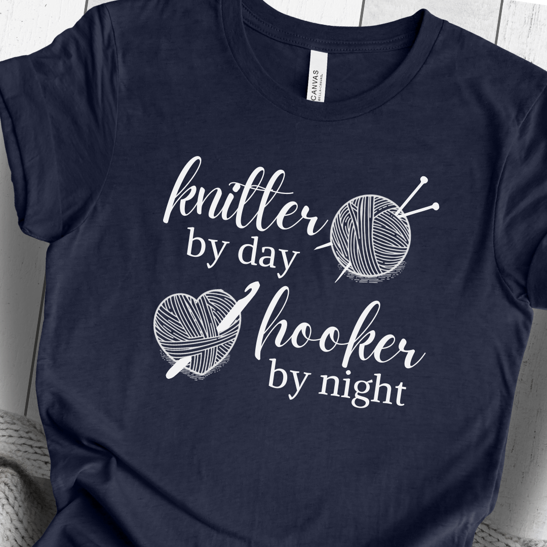 Knitter by Day, Hooker By Night T-Shirt (design 3) Navy / S