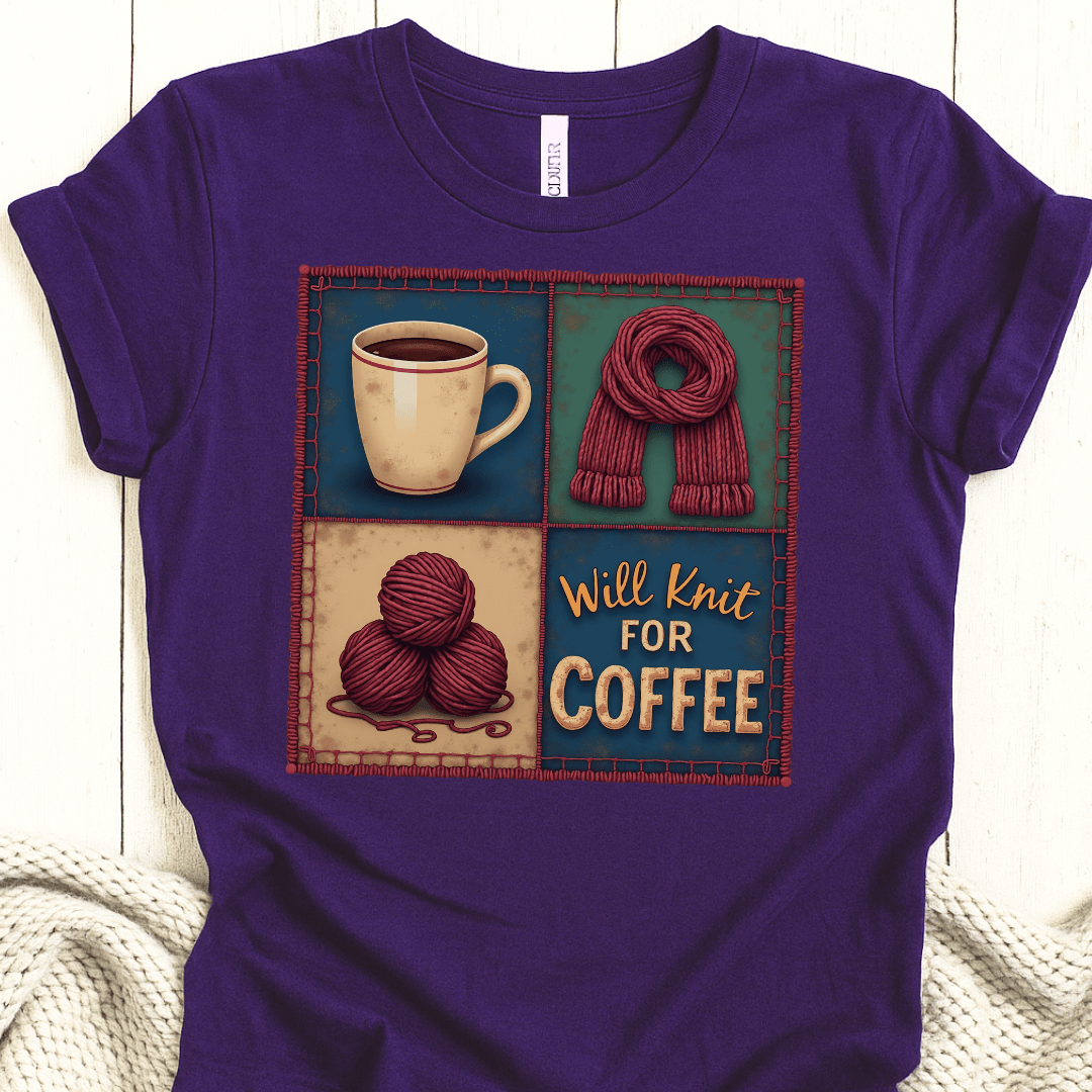 Will Knit for Coffee T-Shirt (square) Purple / XS