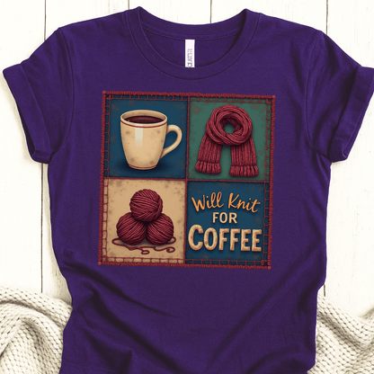 Will Knit for Coffee T-Shirt (square) Purple / XS